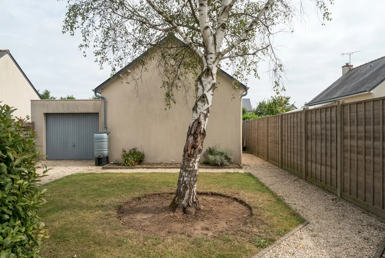 Bouleau incliné près d'une clôture à Trouy