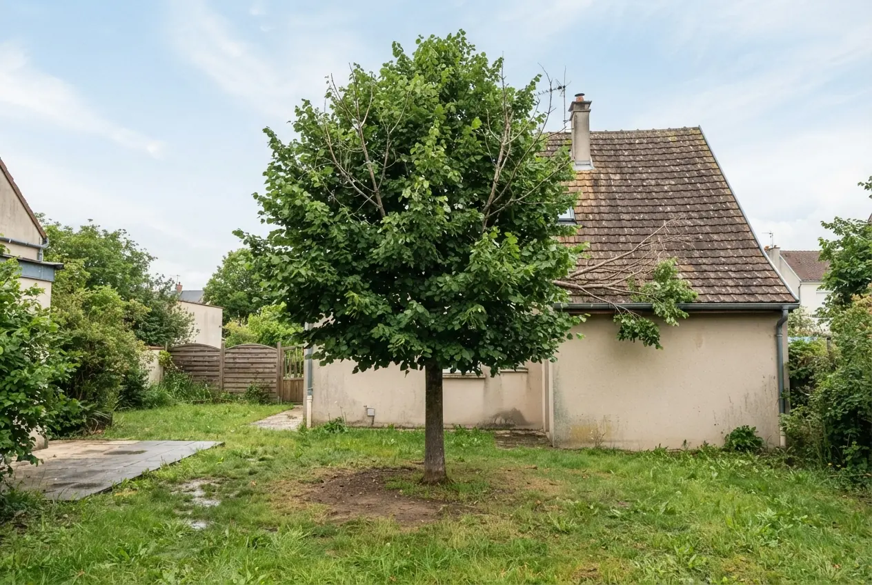 Tilleul dense avant élagage près d'une toiture à Bourges