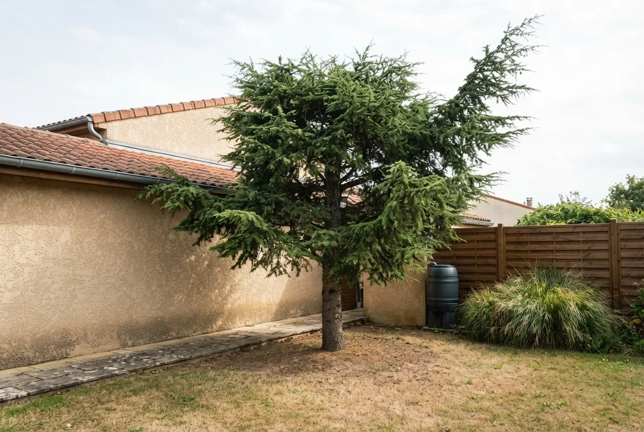 Cèdre proche d'une toiture avant taille à Trouy