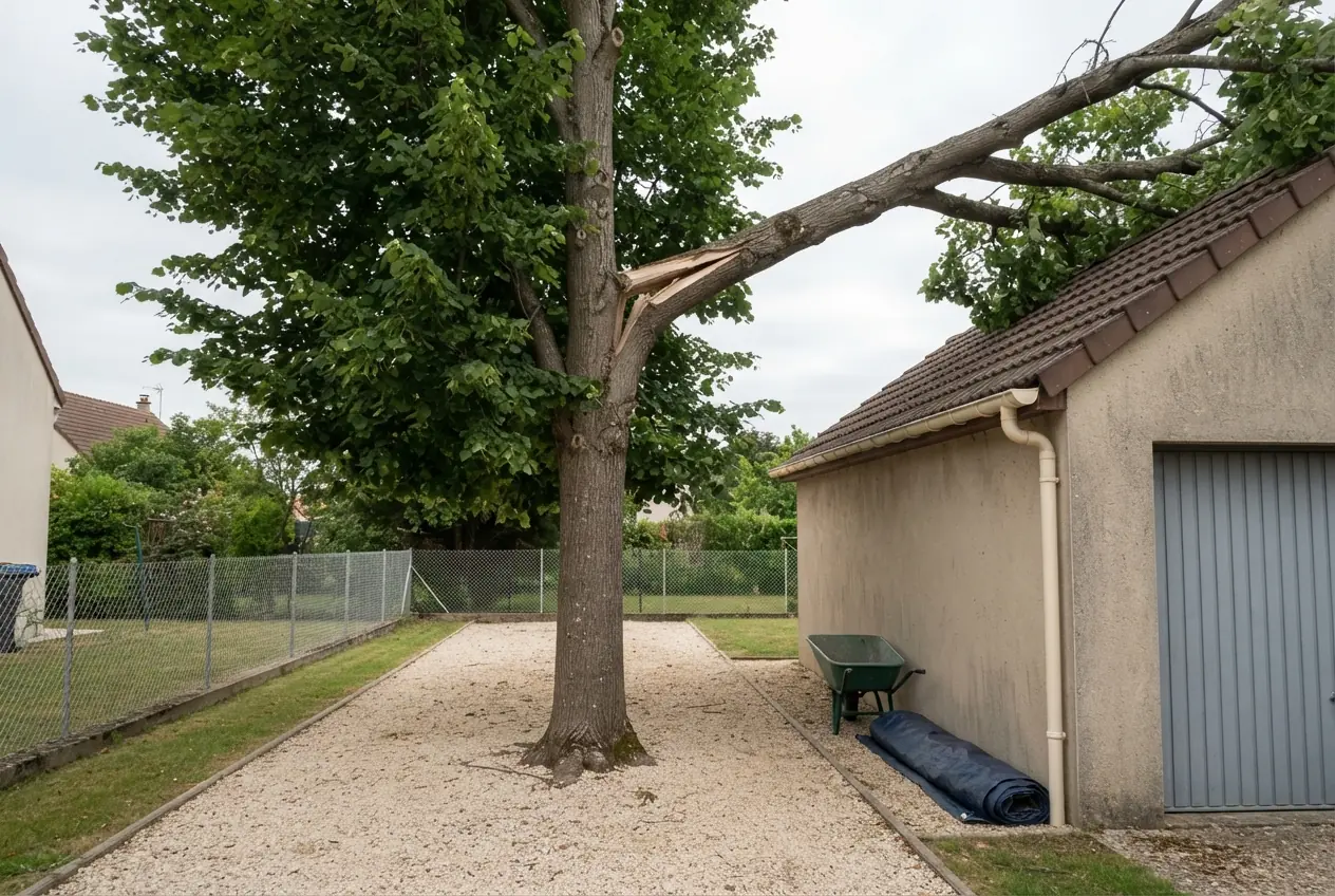 Branche fendue au-dessus d’un garage à Bourges