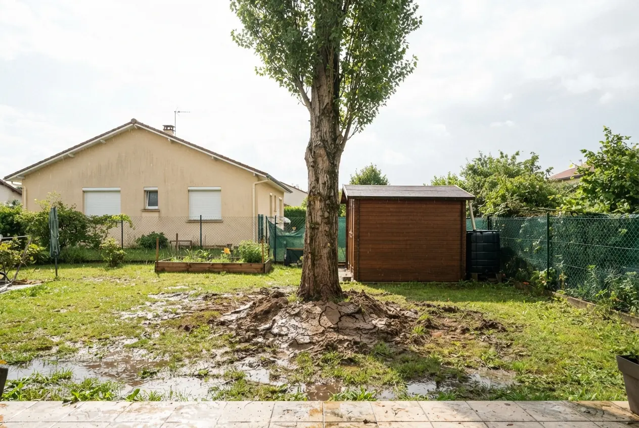 Peuplier incliné près d’un abri à Saint-Germain-du-Puy