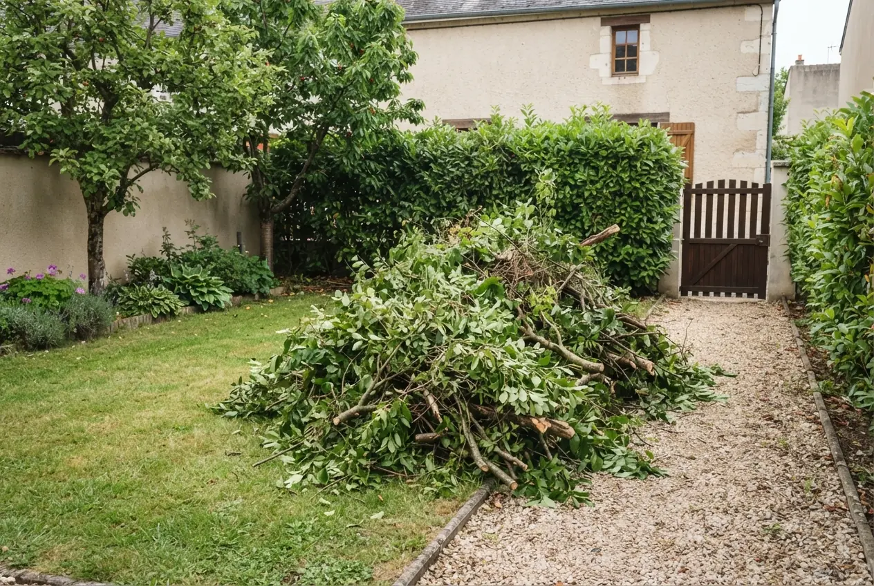 Amas de déchets verts dans un jardin à Bourges