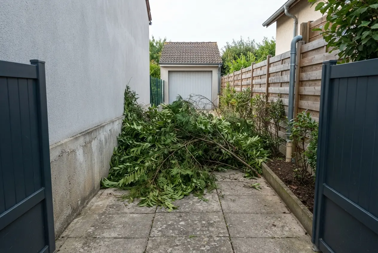 Branchages encombrant un passage de jardin à Fussy
