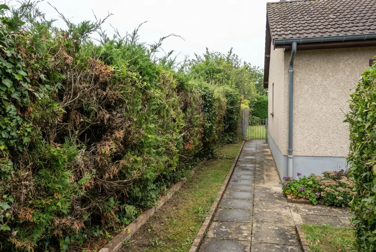 Haie de conifères débordante avant taille à Marmagne