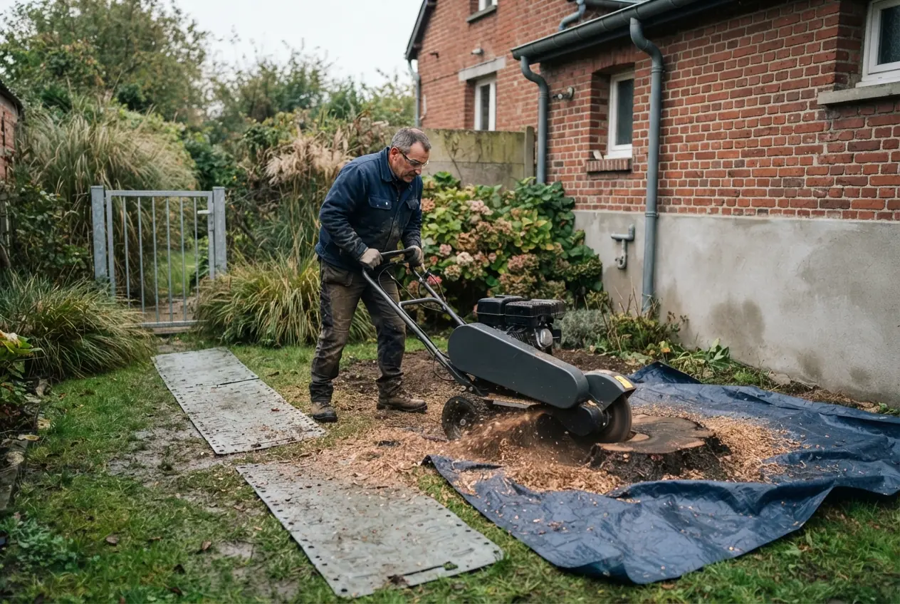 Rogneuse retirant une souche dans un jardin à Bourges