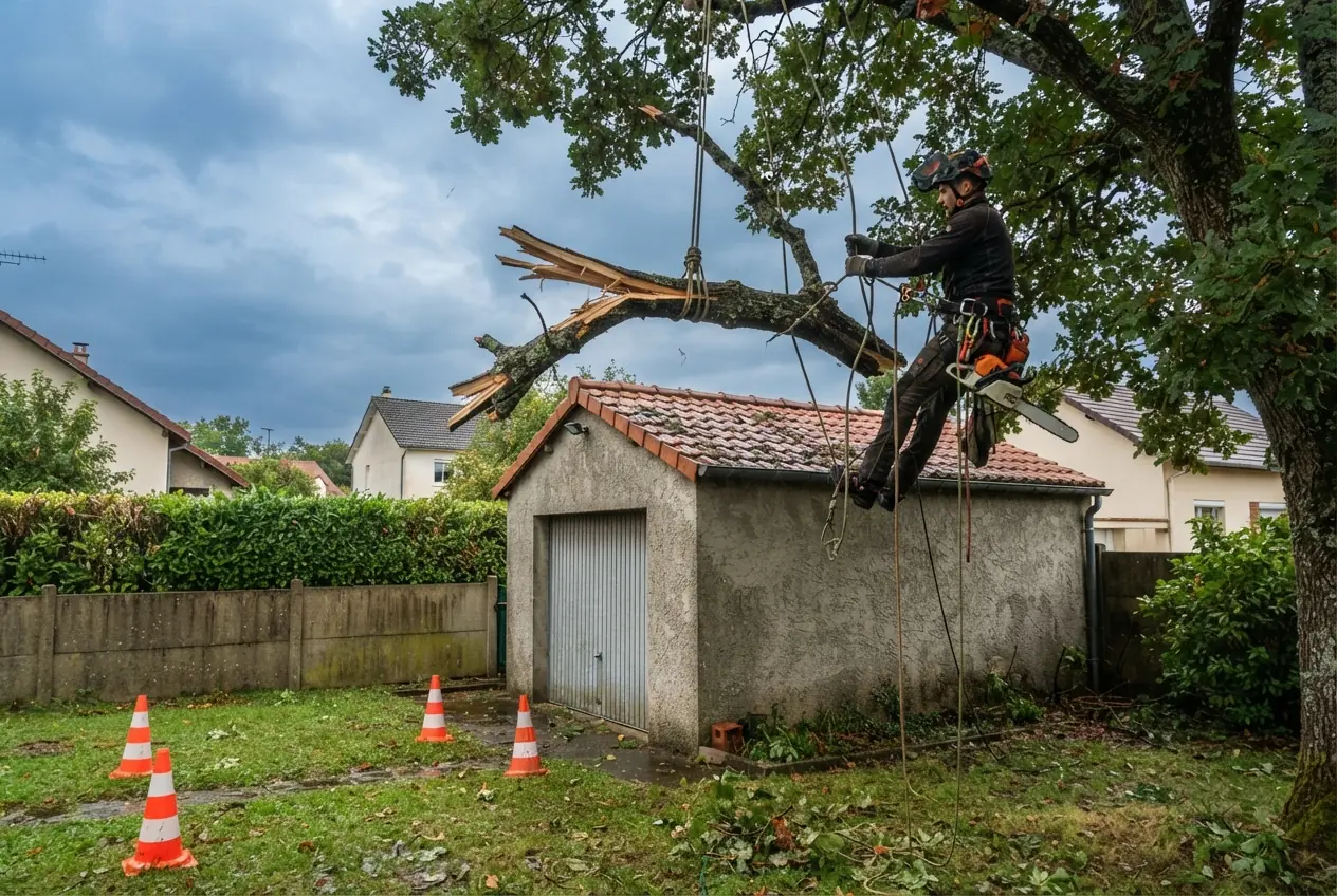 Élagueur sécurisant un arbre après tempête à Bourges